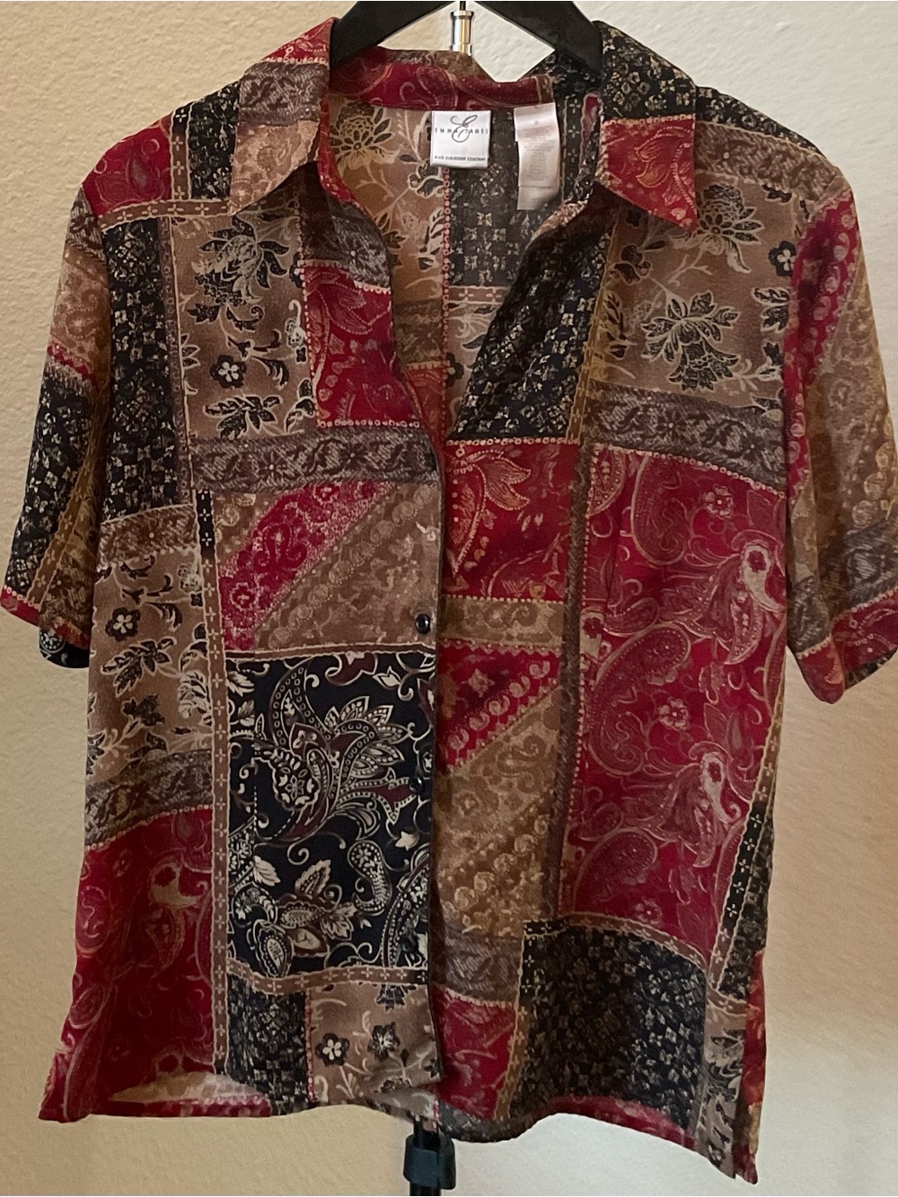 Casual Patchwork Paisley Short-Sleeve Shirt - Red, Brown, Black